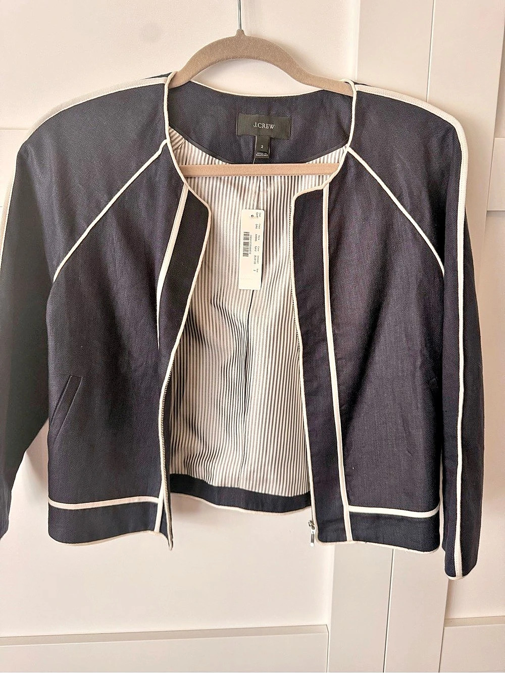 J.Crew NWT Collection Cropped Linen Jacket in Navy & White Size 2